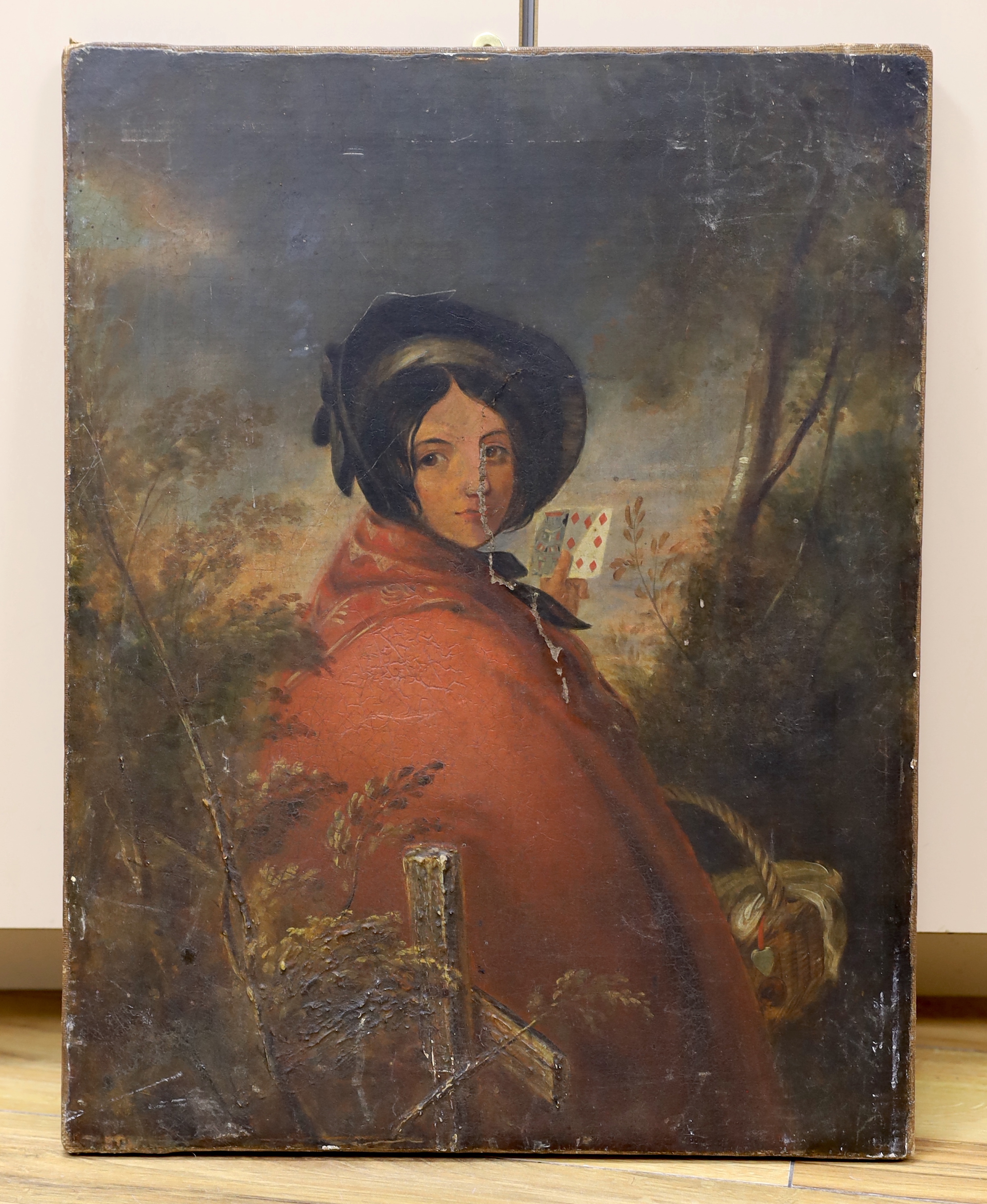Victorian School, oil on canvas, Lady wearing a red cape holding playing cards, 45 x 35cm, unframed